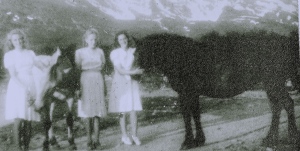 Happier times before the Nazis: Grethe Gunneng's mother and some of her sisters together with Guri the horse and foal.